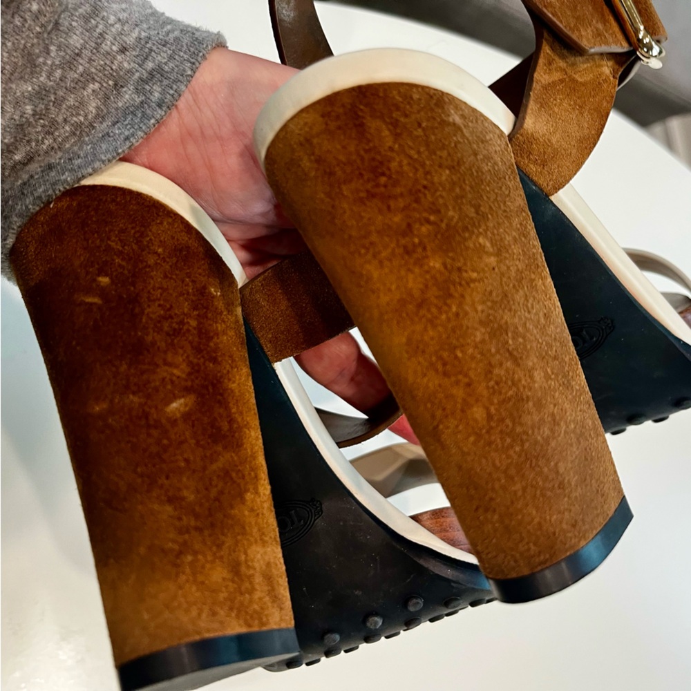 Tods Leather Platform Sandals Brown and White - Picture 10 of 12